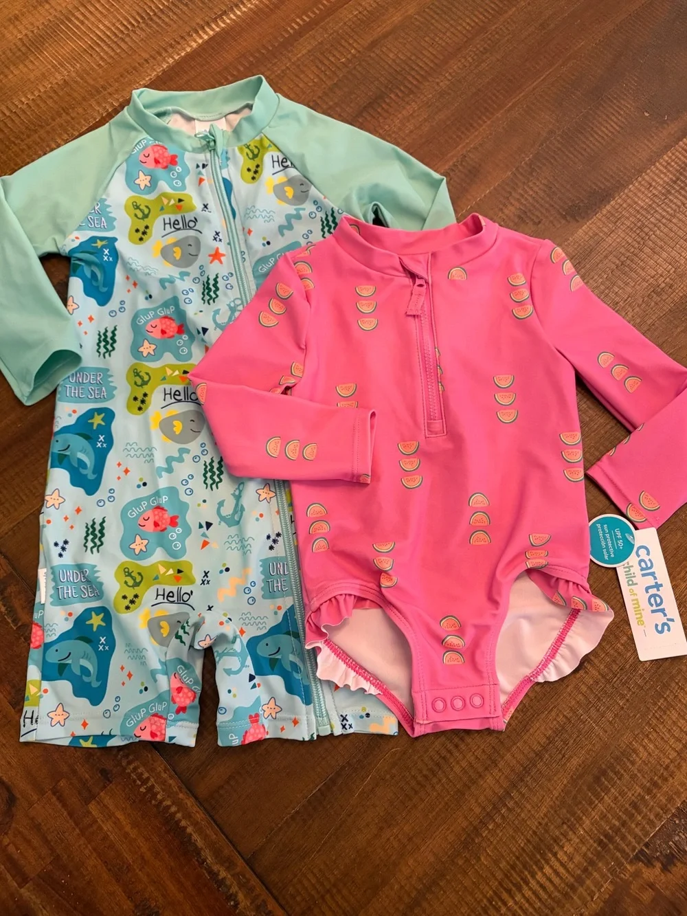 2 Baby Girl Swim Outfits - Long Sleeves Snap Leg Closure Zip Rash-guards 12-18M